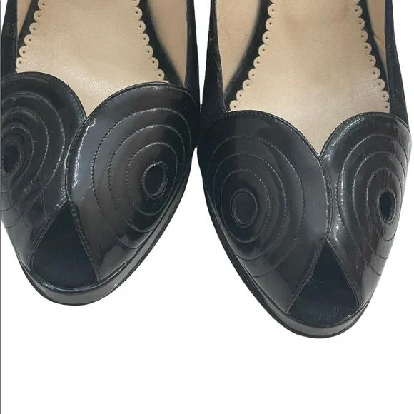 Oscar De La Renta blackPump Platform Open Toe Heels Size 40.5 USA 10.5